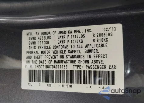 2013 Honda Accord Ex-L from USA, damaged, VIN 1HGCT1B87DA011169